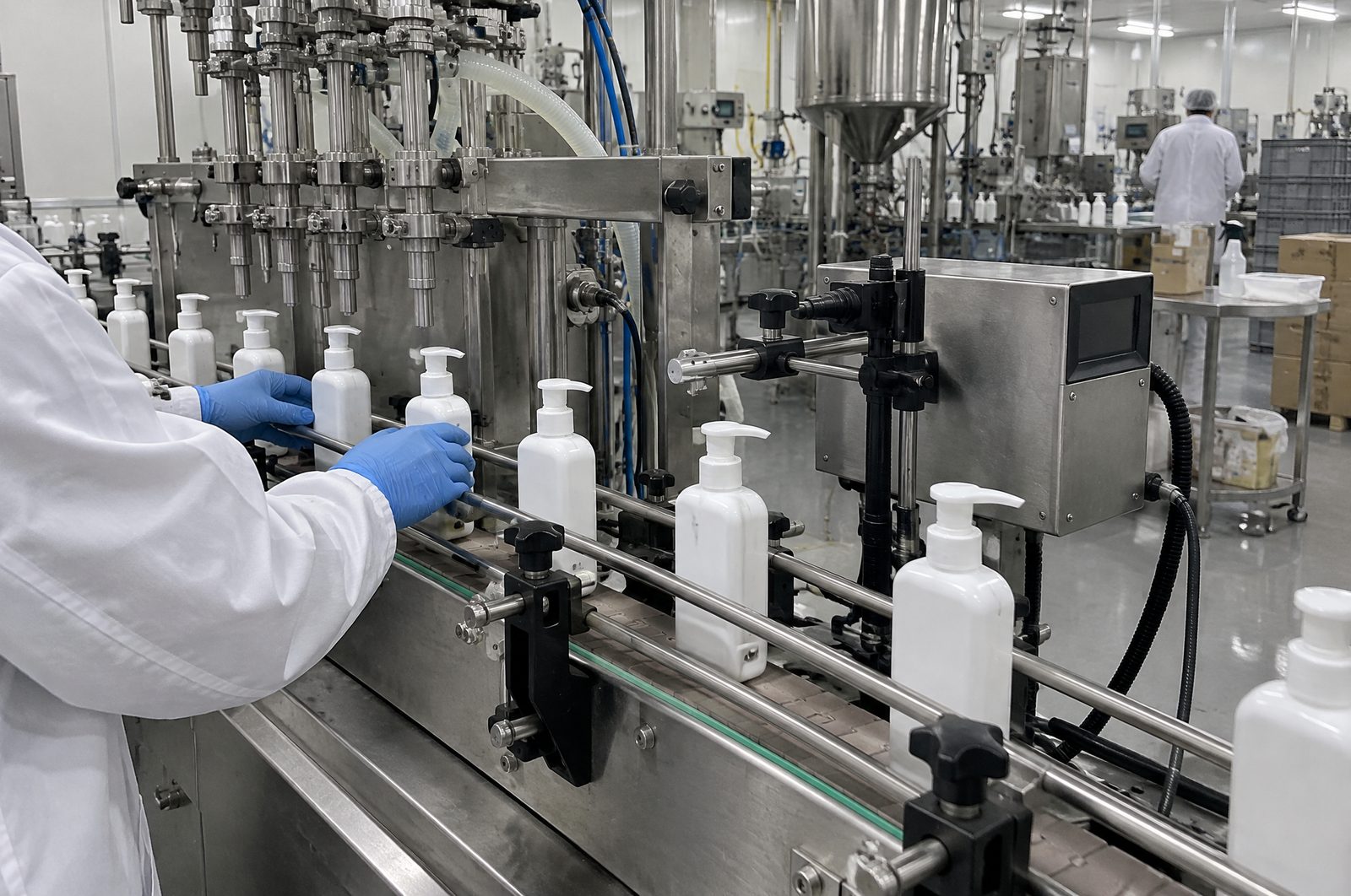 Operator inspecting a bottle on the filling line